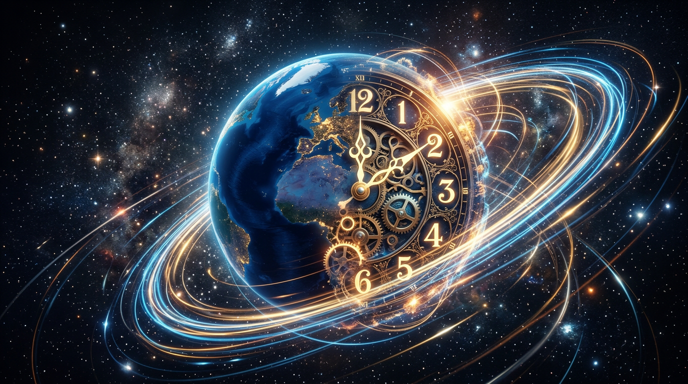 Earth combined with a vintage clock face and gears surrounded by glowing light trails in space