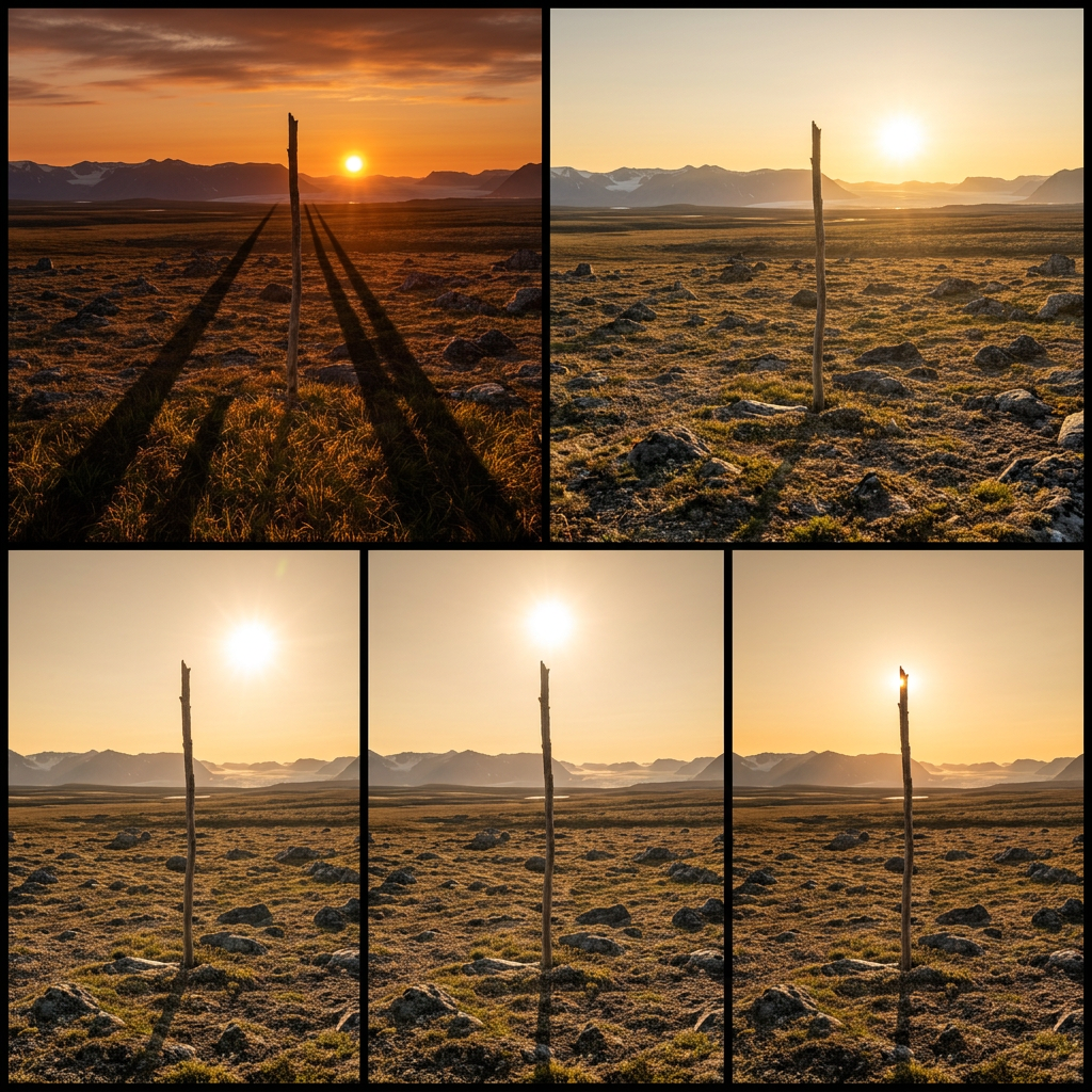 A single stick in a grassy field with its shadow changing length and direction from 7:00 AM to 1:00 PM