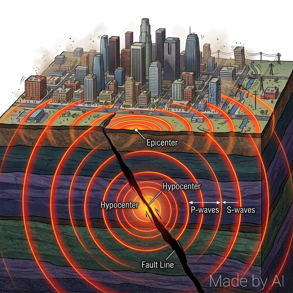Earthquake diagram showing Epicenter, Hypocenter, P-waves, S-waves, and Fault line beneath a city
